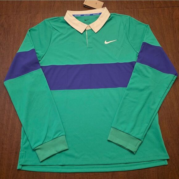 Nike Court Advantage Slam Long Sleeve Tennis Polo Green Blue IB8141-324 Men's L - Picture 1 of 2